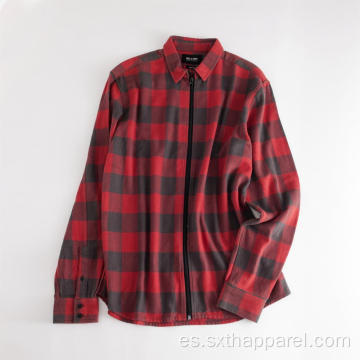 Camisa de invierno de manga larga con cremallera a cuadros rojos para hombre